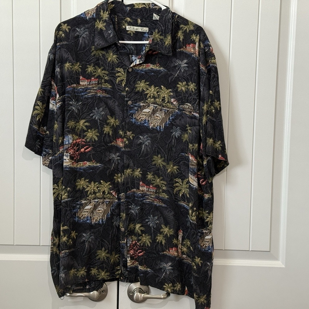 Batik Bay‎ Hawaiian Shirt Palm Trees Boat Lobster Rayon Button Up XXL